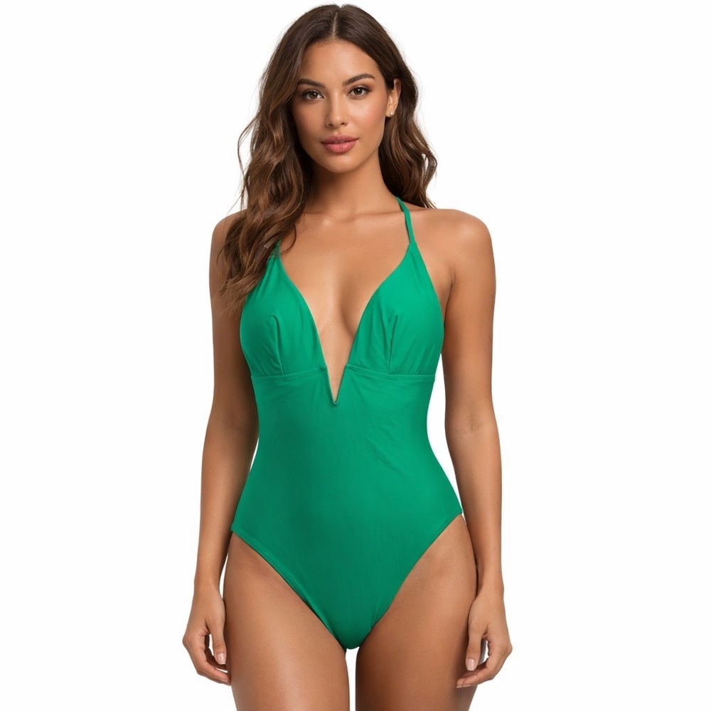 CUPSHE Green Plunge One-Piece Swimsuit Cross Back Size M NWT